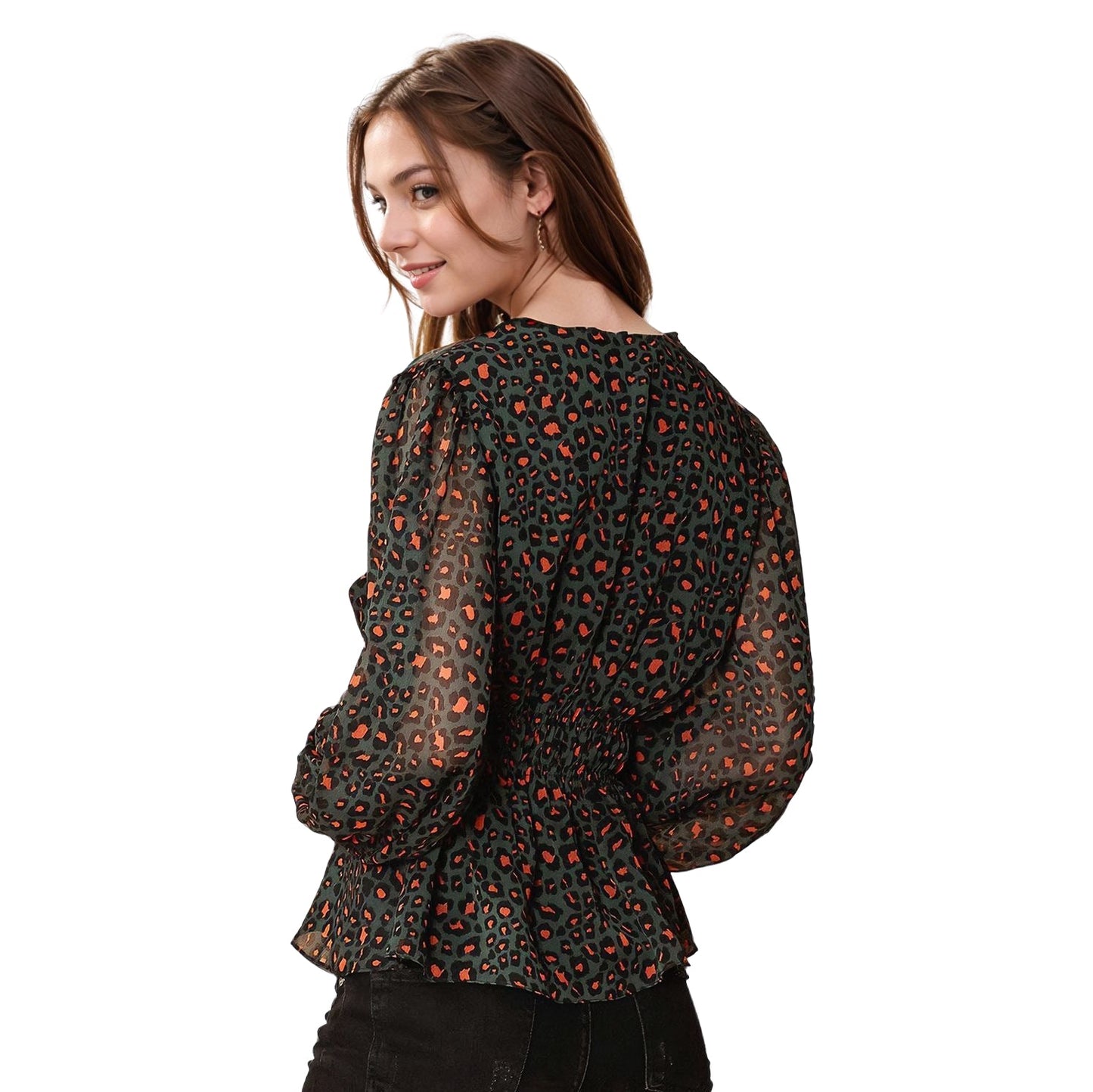 Women's V-neck Puff Sleeve Blouse in Leopard Hunt-3