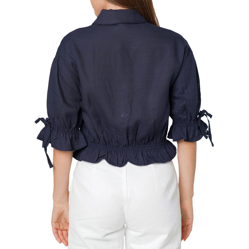 Women's Button Front Tie Hem Blouse in Navy-2