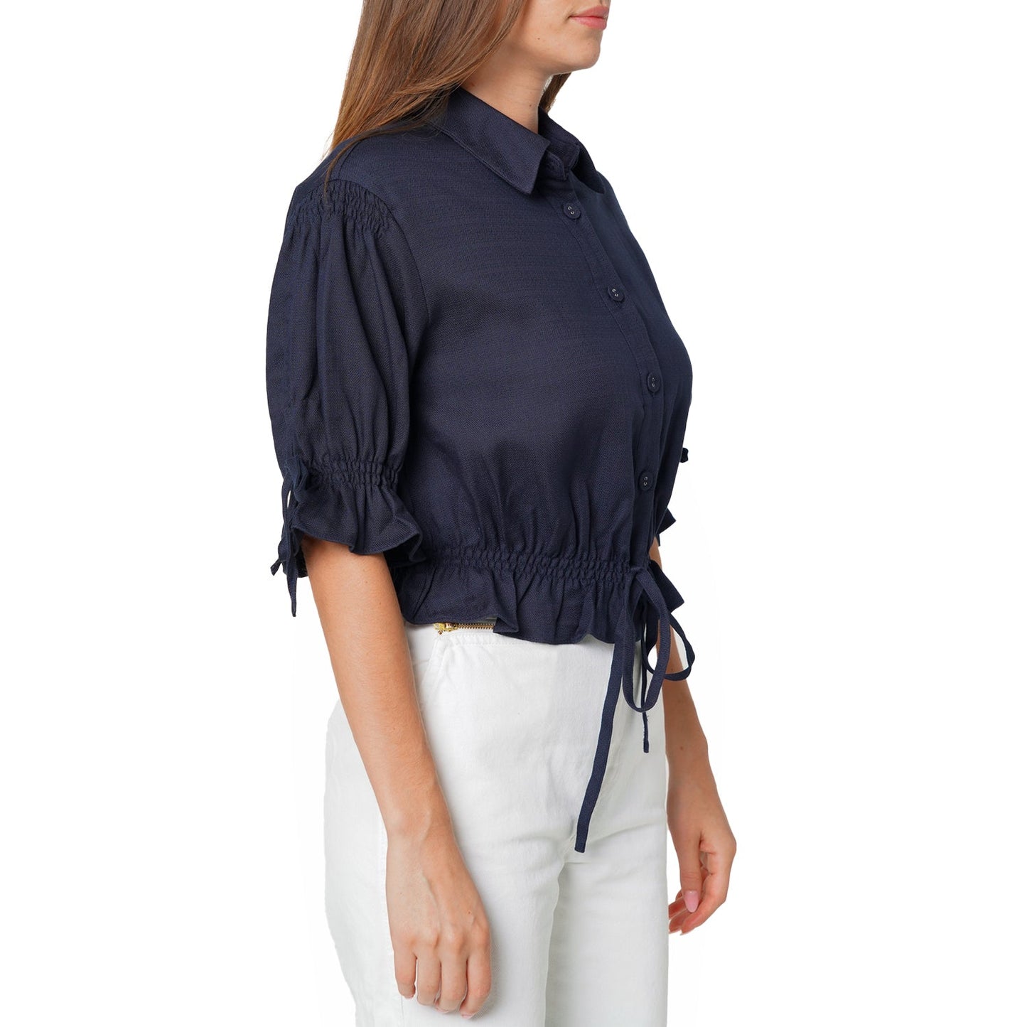 Women's Button Front Tie Hem Blouse in Navy-3
