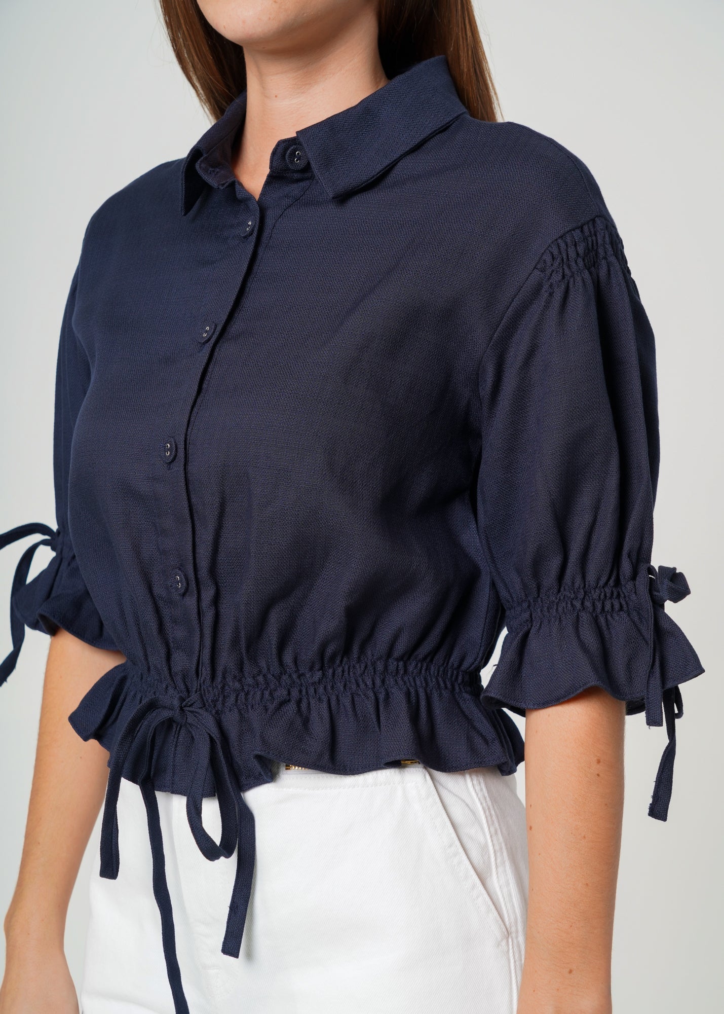 Women's Button Front Tie Hem Blouse in Navy-4