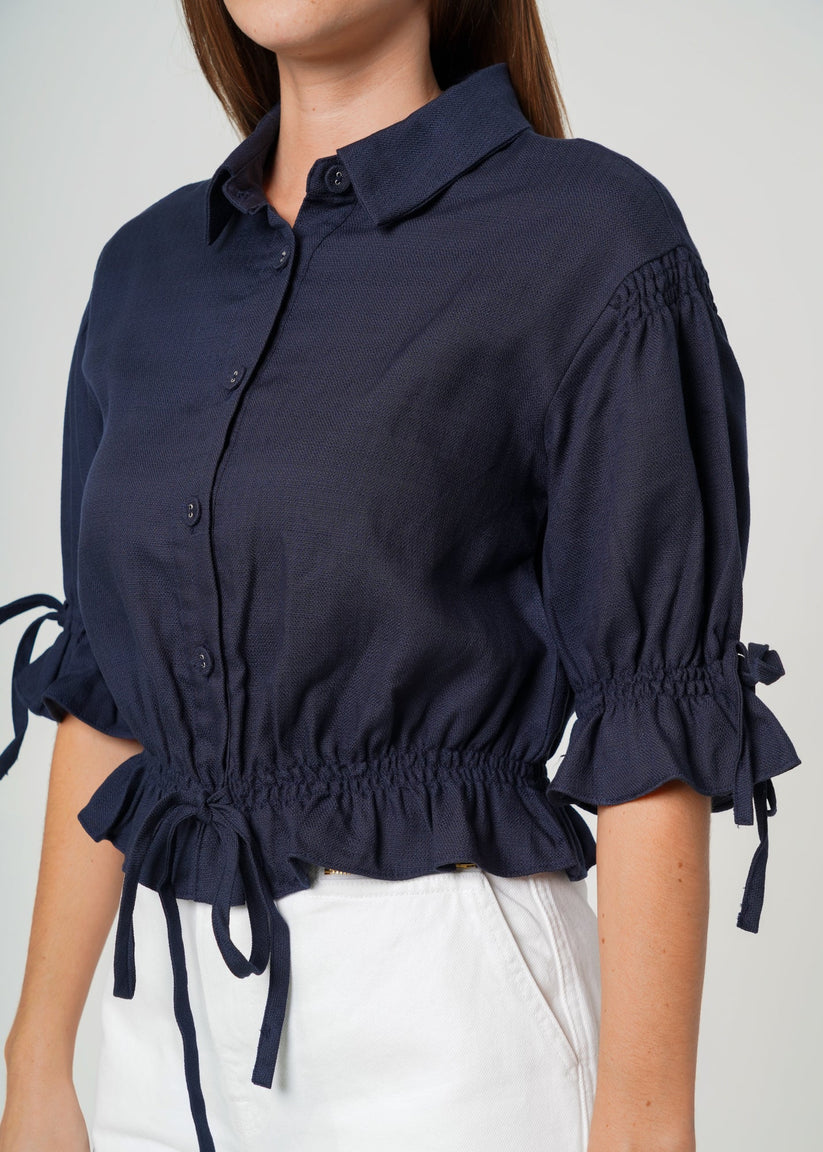 Women's Button Front Tie Hem Blouse in Navy-4
