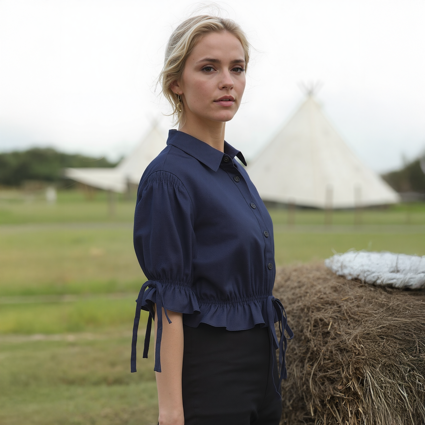 Women's Button Front Tie Hem Blouse in Navy-0