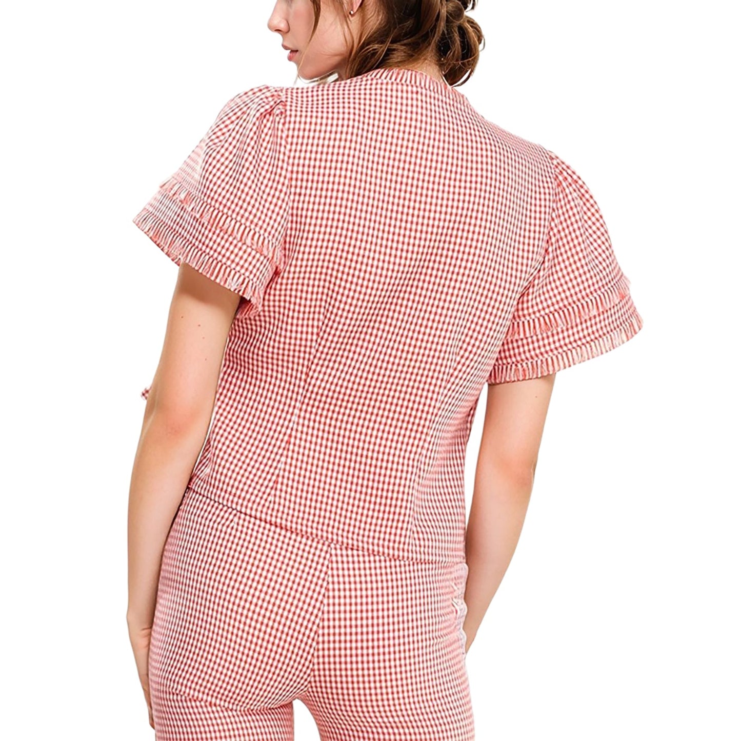 Women's Fringe Trim Gingham Wrap Blouse In Red Gingham-3