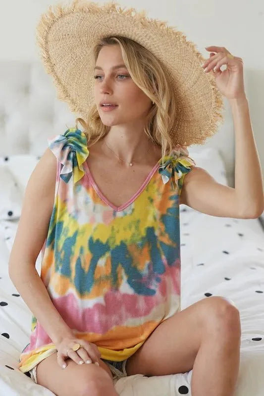 BiBi Circular Tie Dye Knit V Neck Top With Ruffle-2