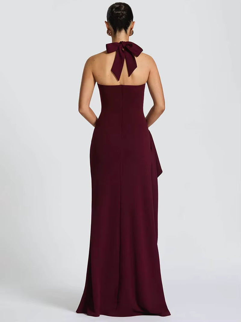 Halter Backless Sexy Maxi Dress Women Fashion Lace-Up Sleeveless High Waist Thigh High Split Bodycon Evening Club Dress