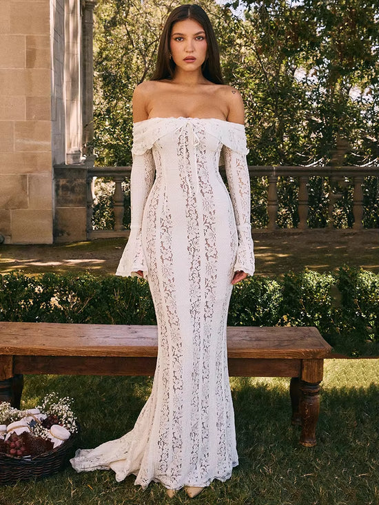 Floral Lace Off-Shoulder Maxi Dress for Women White Strapless Backless Long Sleeve Bodycon Club Party Sexy Long Dress
