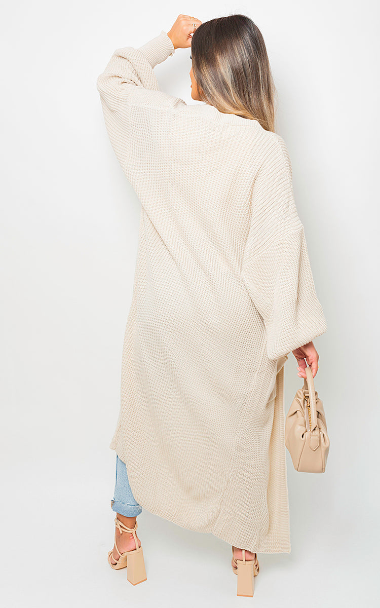 Chunky Knitted Balloon Sleeve Long Maxi Cardigan-12