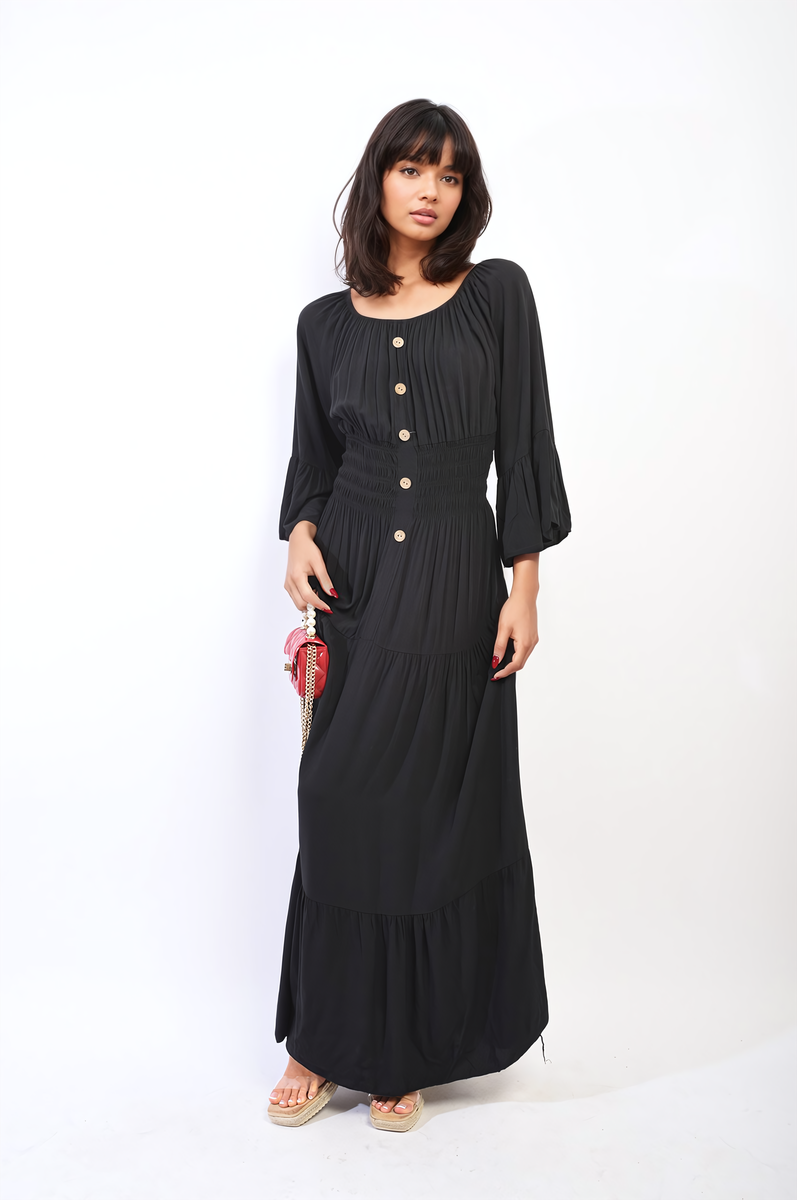 Ruffle Hem Sleeve Shirred Waist Tiered Maxi Dress-5