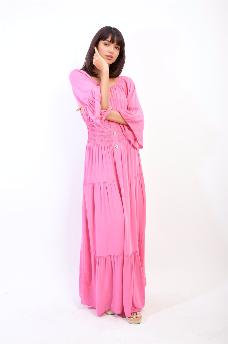 Ruffle Hem Sleeve Shirred Waist Tiered Maxi Dress-8