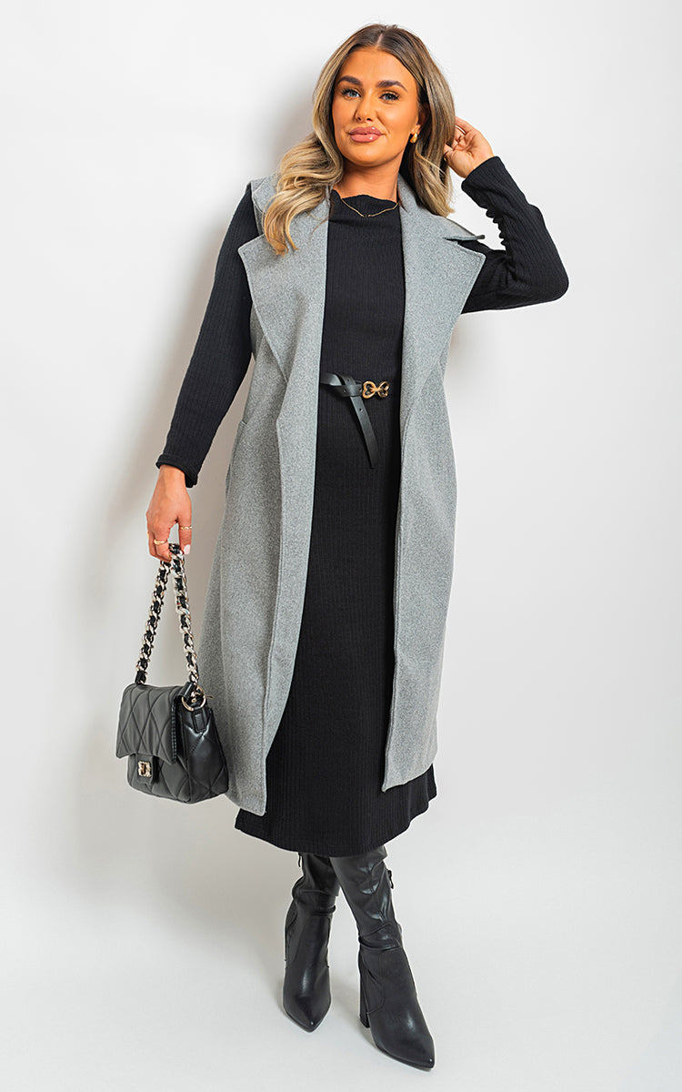 Longline Sleeveless Wide Lapel Waist Tie Jacket-3