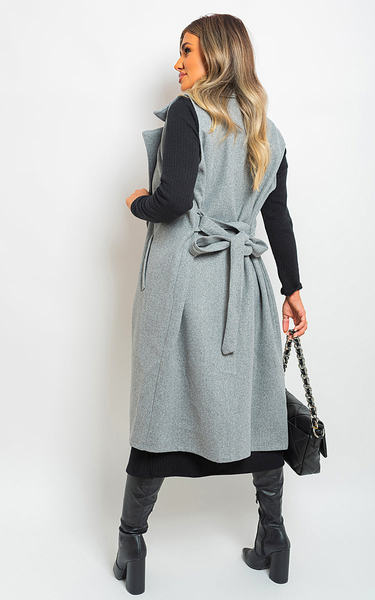 Longline Sleeveless Wide Lapel Waist Tie Jacket-4