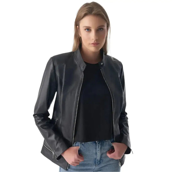 Women's Black Leather Jacket with Zipper Hem Detail